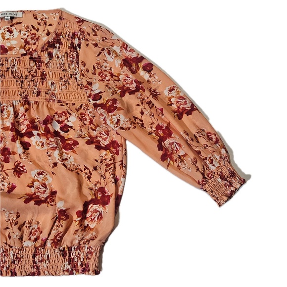 Rose + Olive Blouse Womens Medium Orange Floral Smocked Long Sleeve Boho Top - Picture 7 of 8